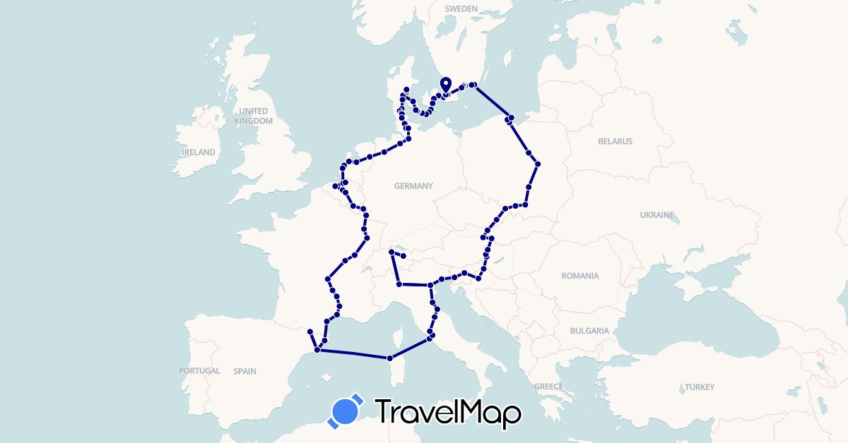 TravelMap itinerary: driving in Andorra, Austria, Belgium, Switzerland, Czech Republic, Germany, Denmark, Spain, France, Croatia, Hungary, Italy, Liechtenstein, Luxembourg, Netherlands, Poland, Sweden, Slovenia, Slovakia, San Marino (Europe)